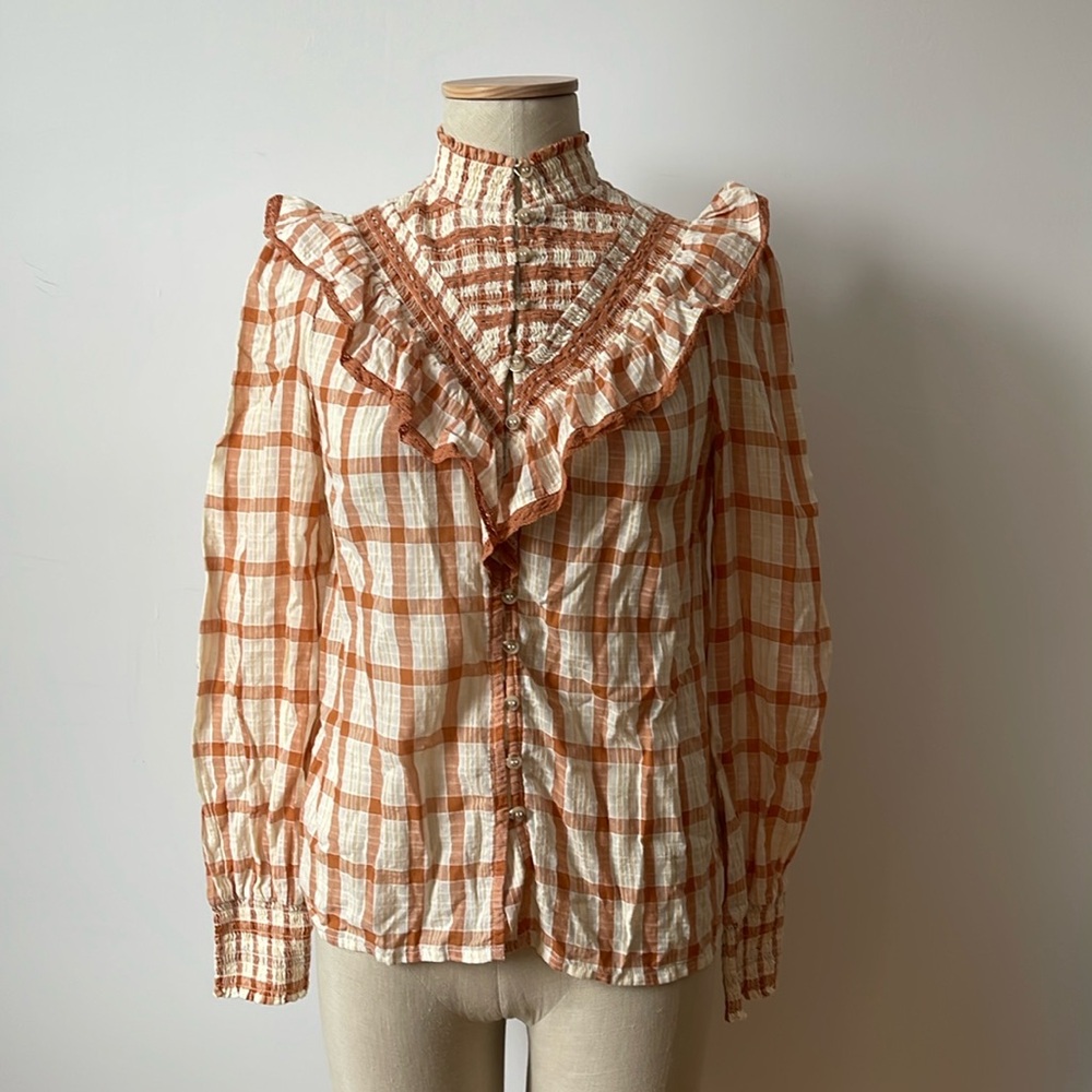 Sezane Marty rust & cream plaid blouse sz. 34 Victorian style gauzy boho - Picture 2 of 6